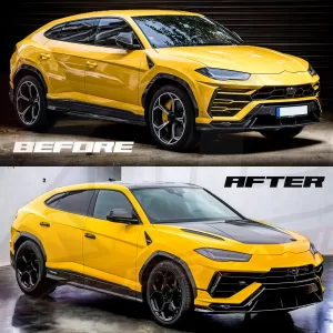 Lamborghini urus 2018+ to performante style body kit front bumper, side skirts, fenders, bonnet, rear bumper, diffuser and spoilers